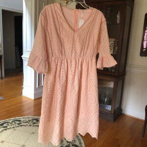 Peach Eyelet Cotton Dress with Futter-Sleeves